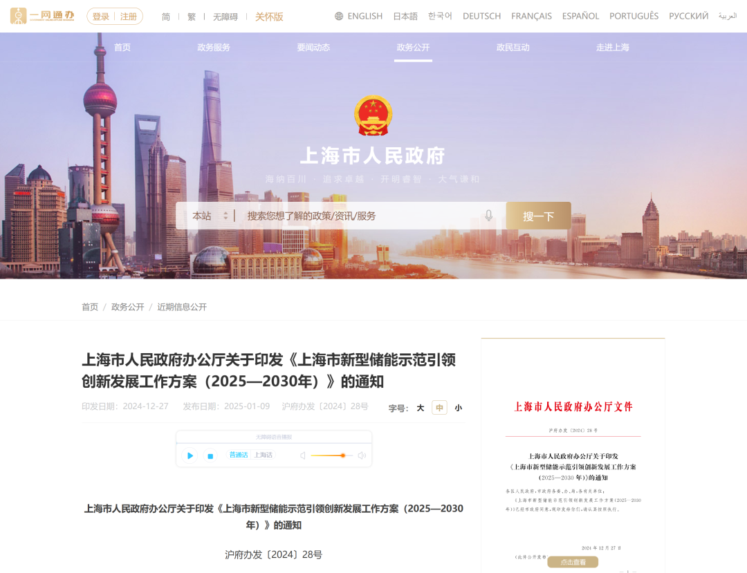 上海市人民政府印发《上海市新型储能示范引领创新发展工作方案（2025—2030年）》(图1)