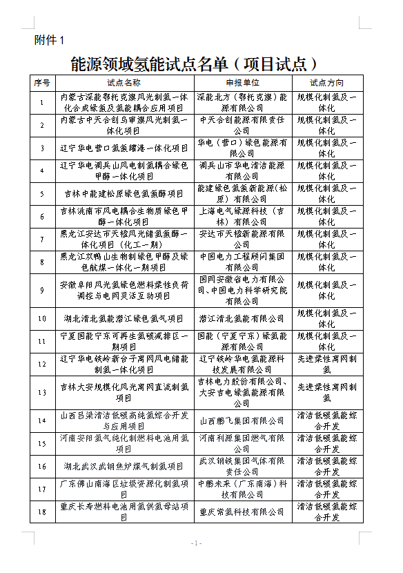国家能源局公示第一批能源领域氢能试点(图2)